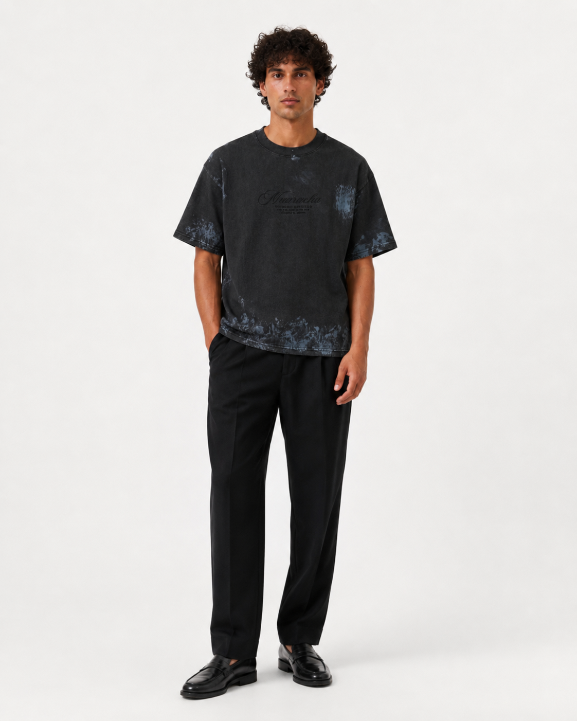 MUARACHA Script Tee Black Stone Washed — front view, chest script logo, oversized relaxed fit