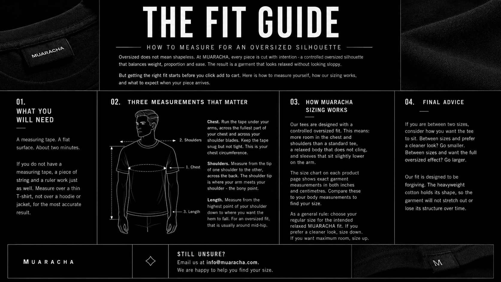 MUARACHA fit guide - measuring chest for oversized t-shirt silhouette, fit guide for heavyweight cotton tees