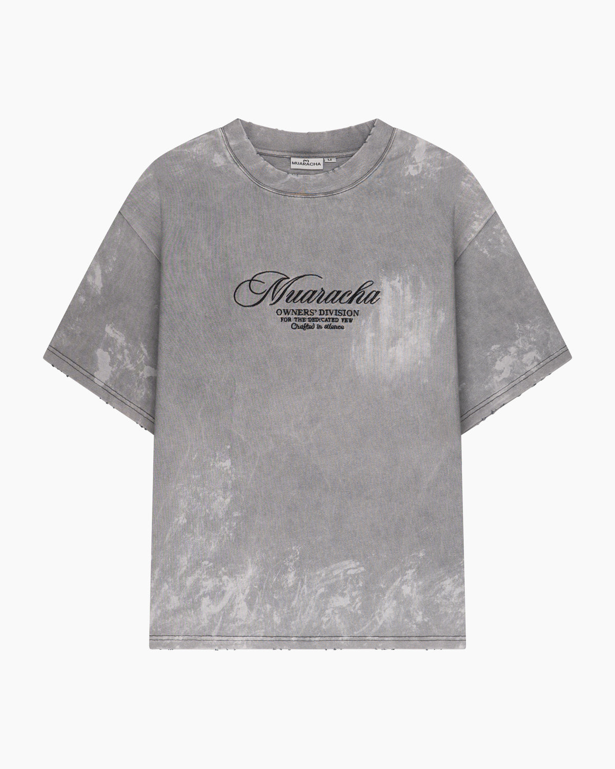 Muaracha Script Tee Grey Washed – front view with minimal chest script, oversized heavyweight washed cotton tee, designed in Utrecht