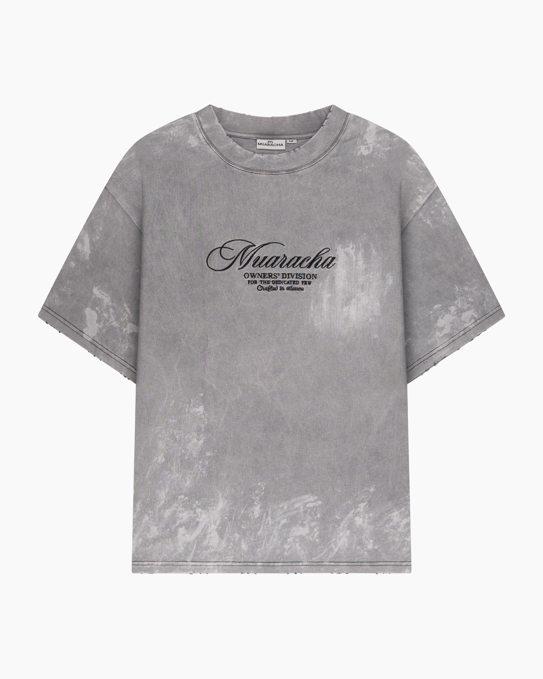 Muaracha Script Tee Grey Washed – front view with minimal chest script, oversized heavyweight washed cotton tee, designed in Utrecht