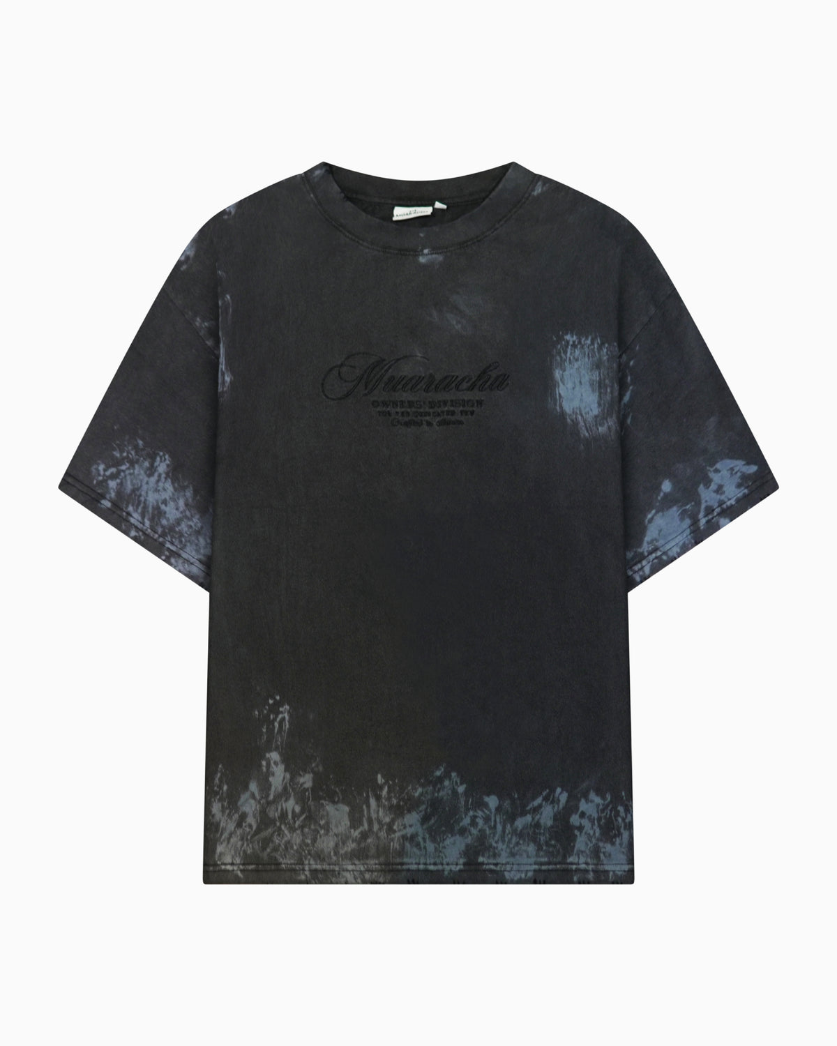 Muaracha Script Tee Black Washed – front view with minimal chest script, oversized heavyweight washed black cotton tee, designed in Utrecht