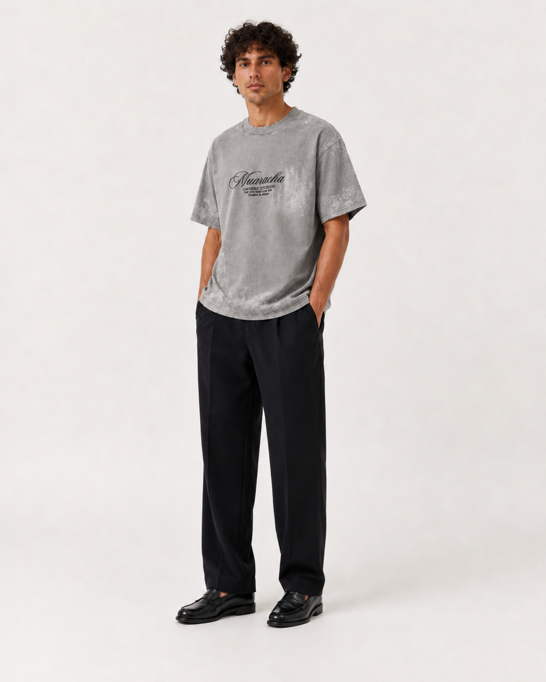 MUARACHA Script Tee Grey Stone Washed — three-quarter view, stone washed grey finish