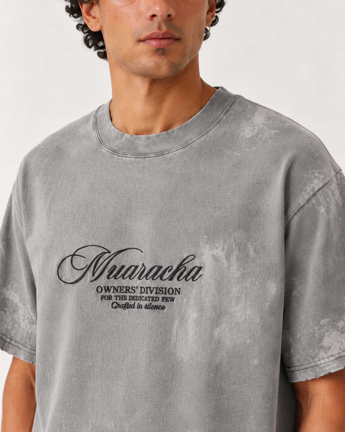 MUARACHA Script Tee Grey Stone Washed — detail, stone washed texture and fabric weight